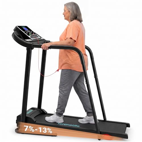 Image of SereneLife Electric Folding Treadmill Exercise Machine - Smart Compact Digital Workout Fitness Trainer w /Bluetooth App Sync, Manual Incline Adjustment, for Walking, Running, Gym