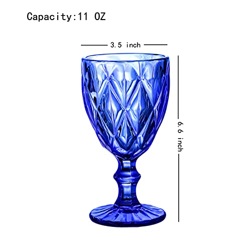 Heng River Colored Wine Glasses, Water Glass Goblets, Glass Drinkware Sets, Vintage Water Glass Cups, Embossed Drinking Glasses, Stemmed Glassware, 11 Oz, Set Of 6 (Blue) #TOP1