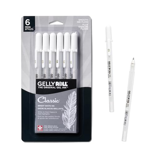 SAKURA Gelly Roll Gel Pens - Fine, Medium & Bold Tip Ink Pens for Journaling, Art, or Drawing - Classic White Ink - 05/08/10 Assorted Tip Sizes - 6 Pack