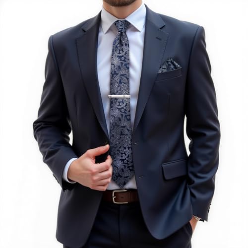 Image of DiBanGu Paisley Ties for Men Silk Necktie and Pocket Square Cufflinks Tie Clip Set Woven Classic Mens Tie for Wedding Party