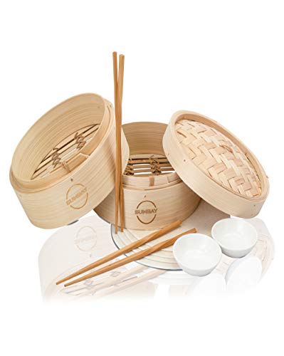Sumbay Cuiseur Vapeur Bambou - Panier Cuit Vapeur en Bois de Bambou - Cuisson Vapeur Rouleau de Printemps, Wonton, Dim Sum, Boulettes Viande, Poulet, Poisson, Légumes - PDF Recette Cuisine Asiate