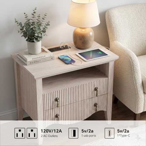 Image of Set of 2 Nightstands with Charging Station&2 Fluted Drawers,Nature Oak | Vintage Bedside Table, 2 Fluted Drawers and Open Shelf, Rustic End Table, Power Outlet and USB Ports, For Bedroom
