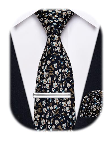 Image of YourTies Cotton Floral Tie for Men 2.5 inch Printed Skinny Necktie Pocket Square Tie Clip Set Flower Wedding Party Groom