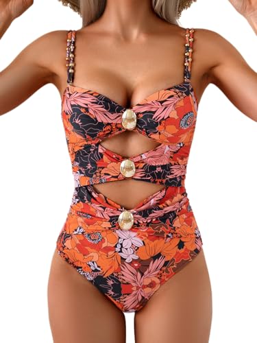 Image of B2prity Cutout One Piece Swimsuit Tummy Control Ruched Monokini Color Block Bathing Suit for Cruise Vacation
