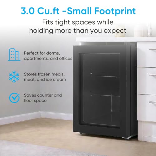 Image of TABU 3.0 Cu Ft Upright Freezer, Mini Freezer with Glass Door, Black | Freestanding,Energy Saving, 7 Adjustable Thermostat, Space-Saving, Low Noise, Compact Freezer with Removable Shelves