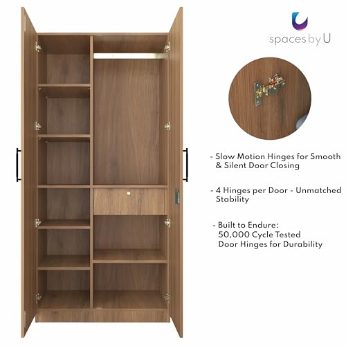 Image of Amoko Wardrobe | Engineered Wood Cupboard | Almirah | 2 Doors, 9 Shelves, Soft-Close Hinges, 1 Drawer 16 inch, 17mm Thick Shelves & Door Panels, 1 Hanging Rod | FREE Installation (Wood Oak Light)