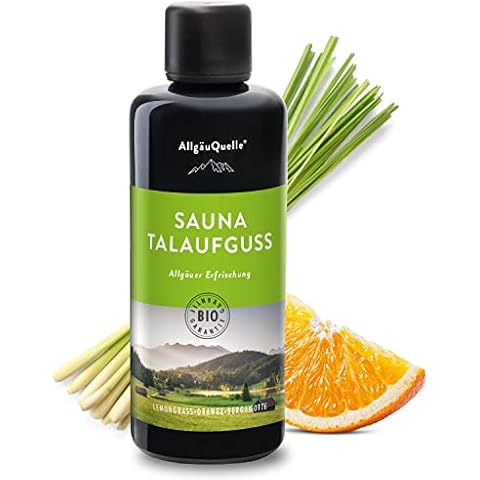 AllgäuQuelle® Saunaaufguss mit 100% BIO-Öle Erfrischung Lemongrass Orange Bergamotte (100ml). Natürlicher Sauna-aufguss m. ätherische Sauna-Öle im Aufguss-Mittel. Saunaöl naturrein und biologisch Cover