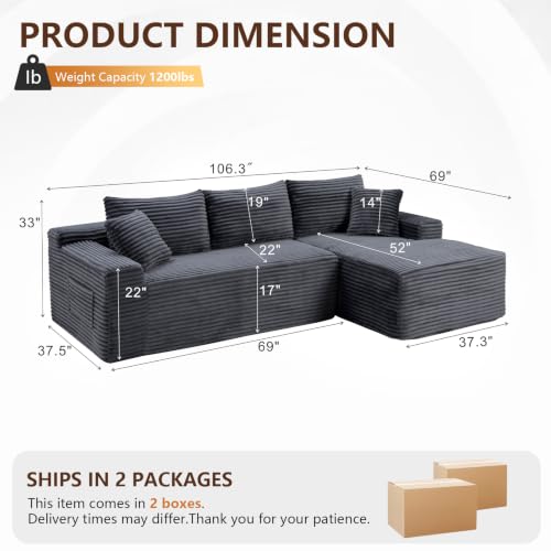 Image of 106.3 inch L Shaped Boneless Sectional Corduroy Couches for Living Room (Gray)