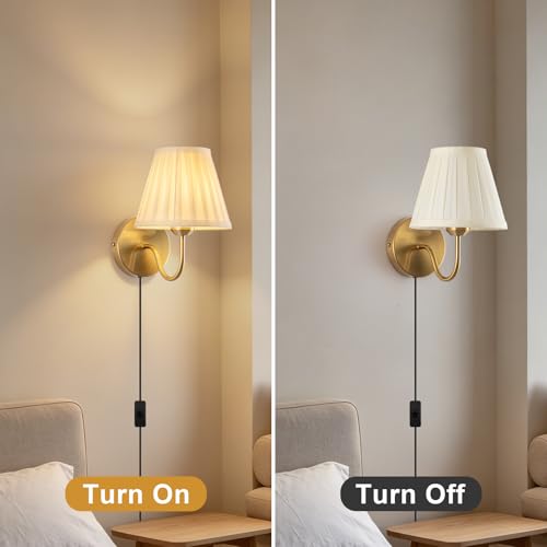 Image of Plug in Wall Sconces Set of Two, Fabric Shade Wall Light with On /Off Switch, Plug in Wall Mount Lamps Wall Decor Set of 2, Gold Sconces Wall Lighting Fixture for Bedroom Bedside Living Room Porch