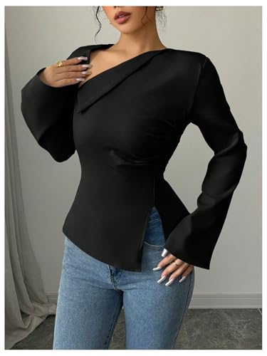 GORGLITTER Women's Dressy Asymmetrical Blouse Shirt Lace Up Back Bell Long Sleeve Business Work Tops3