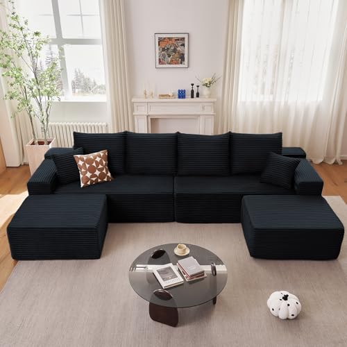 Image of 140 inch Sectional Cloud Couch for Living Room, Stupendous U Shaped Sofas, Modular Floor Deep-Seat Sofa, Big Comfy Corduroy Couches Set with Fluffy Memory Foam, No Assembly Required, Black