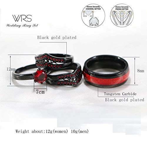 Two Rings His Hers Wedding Ring Sets Couples Matching Rings Women's 2pc Black Gold Plated Red CZ Wedding Engagement Ring Bridal Sets Men's Tungsten Carbide Band Wedding Band4