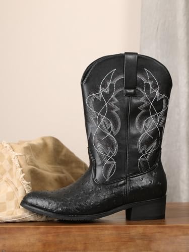 Image of Western cowboy boots, ostrich leather, embroidered design, brown, mid-calf, men's antique ostrich embossed exotic western boots round head.