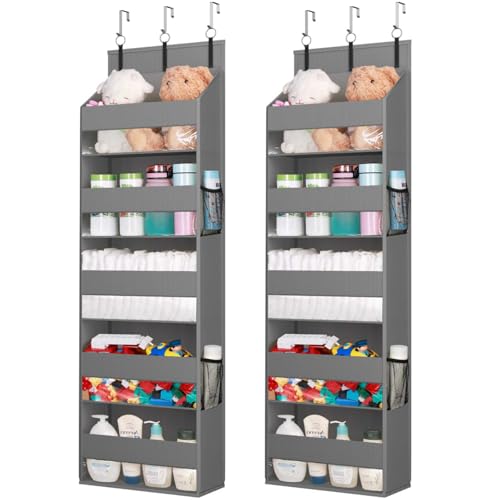 Lifewit 2 Pack Over the Door Organizer, 5 Shelf Clear Window Hanging Storage with 4 Mesh Side Pockets, Anti Tilt 40 lbs Load Behind Door for Pantry, Nursery, Bathroom, Bedroom, Kitchen, Dorm, Grey