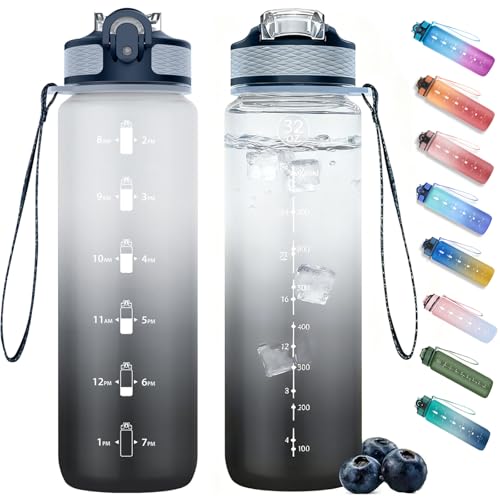 NAVTUE Water Bottle 1L Sports Water Bottle with Straw Time Markings Tritan BPA free Leakproof Drinks Bottle for School Cycling Running