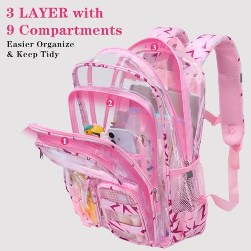 Image of Three-layer Clear Backpack, Heavy Duty Clear Bookbag for Kids, See Through Backpack Transparent Bag for Girls Boys (Pink Lightning)