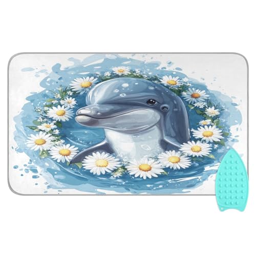 pnyoin Portable Ironing Mat Cute Dolphin with Daisies Travel Ironing Pad with Silicone Iron Rest for Steam Pressing on Tabletop or Bed Heat Resistant Portable Quilting & Travel Blanket