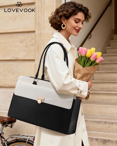 Image of LOVEVOOK Laptop Tote Bag for Women, PU Leather Work Bag, Teacher Tote | with Large Cup Holder, Waterproof Vintage Briefcase for Business Travel & Commute, Magnetic Snap, Padded Laptop Pocket