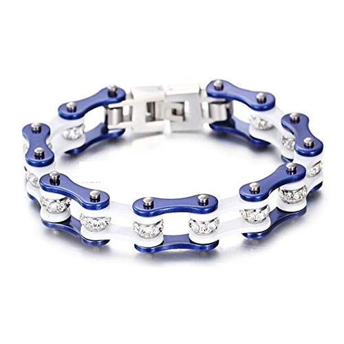 Jewelry 10mm Unisex Stainless Steel Motorcycle Biker Bike Chain Link Bracelets with Crystal Rhinestones 6.88-8.46 inch (Blue-White, 20)