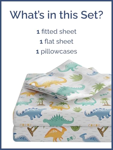 Image of Kids Twin Roaring Dinos Bed Sheets - 3 Piece Kids Roaring Dinos Sheet Set | Roaring Dinos Themed Bedding, Ultra-Soft, Cute & Cozy, Breathable & Machine Washable, Bed Set for Boys, Girls & Teens, Comfy