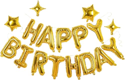 Gold Happy Birthday Banner Balloon Aluminum Foil 16 Inch Letter 10 Inch Five Pointed Star Four Pointed Star Suitable for Kids Men Women Boys and Girls Party Decoration Supplies