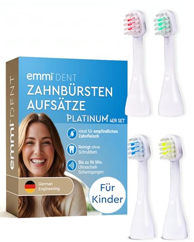 emmi-DENT Ultraschall Aufsteckbürsten S4 in Blau, Weiß, Rot & Mint I 4er Set für Platinum Zahnbürste I Kinder & kleine Kiefer I Sanfte Reinigung I Kompatibel mit emmi-DENT Ultraschall Platinum-Serie