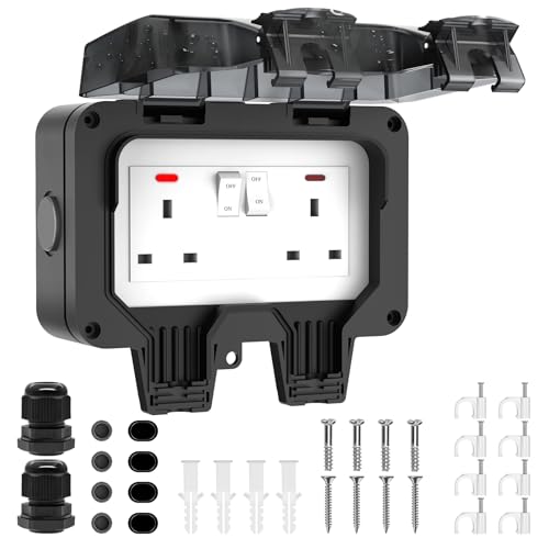 Outdoor Socket Waterproof IP66 Outside Double Plug Socket Weatherproof Wall Electrical Outlet 13Amp 2 Gang Storm Switched Power Box External Plug Extension with Lockable Cover