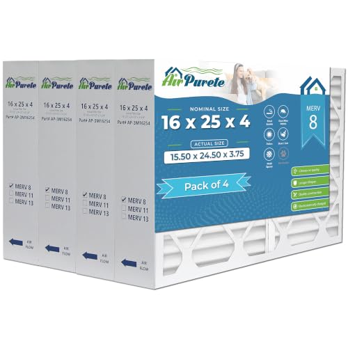 AirPurete 16x25x4 MERV 8 Air Filter Pack of 4 Actual Size (15.50 x 24.50 x 3.75) Pleated HVAC Furnace Filter Fits Lennox Carrier Bryant Payne & Honeywell Devices