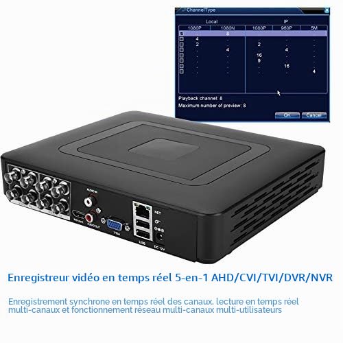 Enregistreur 8 Canaux, CCTV de sécurité 8 Canaux 8CH AHd CVI/TVI/DVr NVR 5 en 1 Enregistreur Vidéo en Temps Réel 100-240V