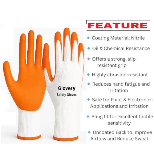 Image of Nylon Safety Work Gloves with Nitrile Coating - Industrial-Grade Protection for Cleaning, Warehouse, Mechanics, Construction - Durable, Flexible, Non-Slip Grip (White & Orange, 10 Pair)