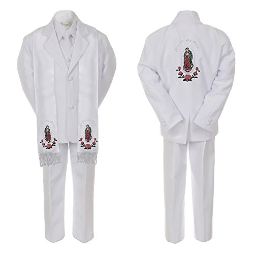 Image of Baby Boy Teen Baptism Formal White Suit Silver Guadalupe on Stole & Back SM-20