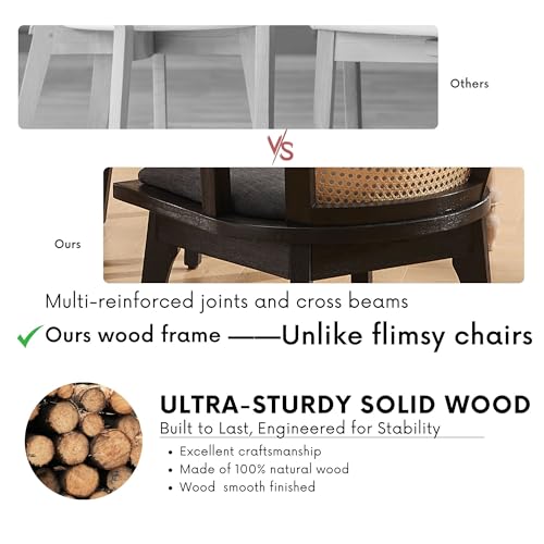 Image of BESTANO Black Rattan Dining Chairs Set of 2, Mid Century Modern Farmhouse Wood Dining Room Chairs, Upholstered Comfortable Kitchen Dining Side Chair with Cane Woven Back, Charcoal Linen