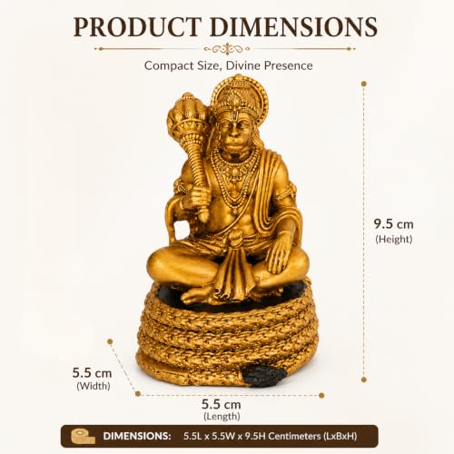 Image of Virajman Hanuman Ji Idol Sitting on Tail | Ravana Sabha Pose | Hanuman Murti for Car Dashboard, Home Temple & Office Decor, Housewarming, Vastu | 3.8 Inches | Antique Gold