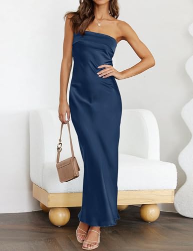 Image of MEROKEETY Women's Summer Satin Strapless Bodycon Dress 2026 Backless Tube Wedding Guest Cocktail Formal Party Maxi Dresses