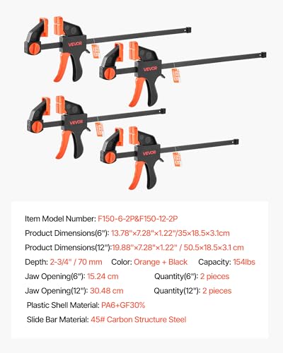 Image of VEVOR Bar Clamps for Woodworking, 2-Pack 12 inch and 2-Pack 6 inch, One-Handed Clamp /Spreader, Quick-Grip F-Clamp with 154 lbs Load Limit, Premium Plastic and Steel, for Woodworking Metal working