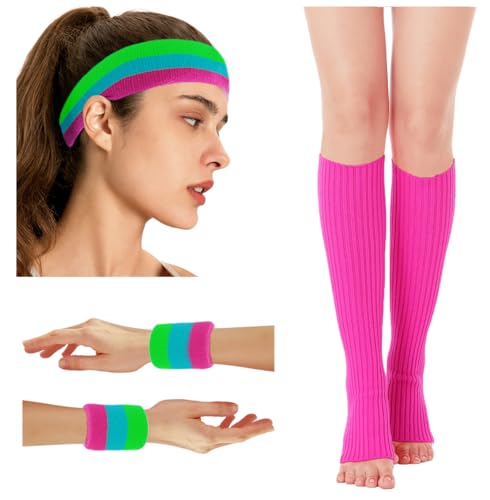 Image of v28 Neon Leg Warmers Set for women Headband Sweatbands Wristbands 80s 90s Pink Running Fanny 80's Plus Size Costumes Pack