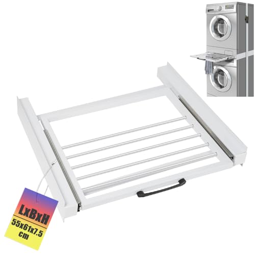 Stahl Verbindungsrahmen inkl. Ausziehbarer Handtuchhalter für Waschmaschine Trockner, Zwischenbaurahmen aus Metall, Max. 10kg, Universell Waschmaschinenzubehör Trocknerzubehör (61x55 cm)