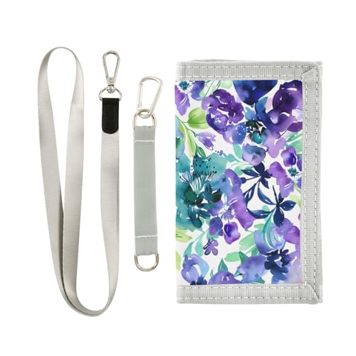 ALAZA Kids Wallets for Boys Girls Toddler Trifold Wallet Children Small Floral Purple Blue Watercolor with Zipper Coin Pocket