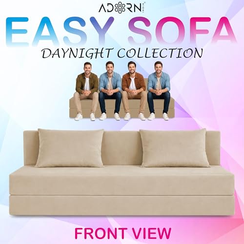 Image of Adorn India Easy 4 Seater Sofa Cum Bed | Velvet Fabric | Cream | Plain Design | 6x6 Ft | Comfortable Seating | Washable Cover | Perfect for Home & Office