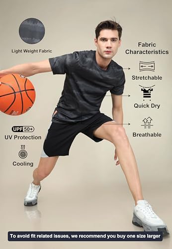 Image of TECHNOSPORT Men's Polyester Slim Fit All Over Print Crew Neck Half Sleeve T-Shirt with Technocool+,SPF50+ and Quick Dry