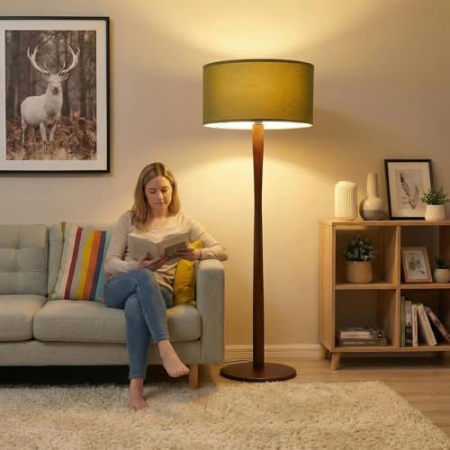 Image of 62 inch Tall Rustic Walnut Wood Floor Lamp with Large Linen Shade, Green