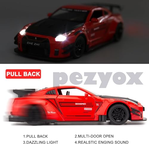 Image of 1 /24 Scale Compatible for Nissan GTR Model Car Toy, Zinc Alloy Pull Back Toy car with Sound and Light for Kids Boy Girl Gift (Red)