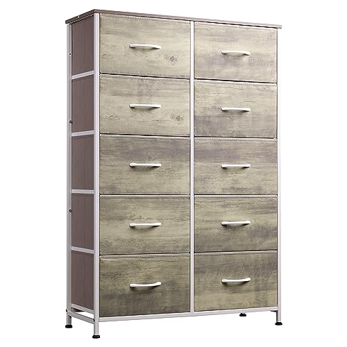 WLIVE 10-Drawer Dresser, Fabric Storage Tower for Bedroom, Hallway, Nursery, Closets, Tall Chest Organizer Unit with Textured Print Fabric Bins, Steel Frame, Wood Top, Easy Pull Handle, Greige