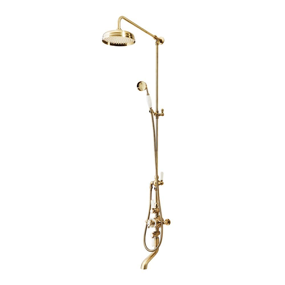 Milano Brushed Brass Elizabeth Rigid Riser Thermostatic Mixer Valve Round Shower Head Handset Bath Spout - Brass