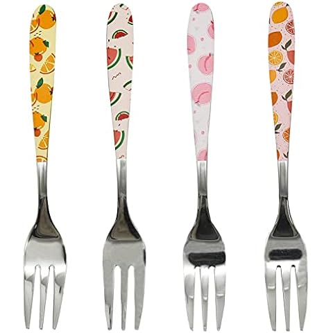 Pinenjoy 4Pcs Dessert Fork with Cute Pattern Printing 18/10 Stainless Steel Fruit Fork 5.5inch Appetizer Fork for Baby Home Party Banquet Wedding Cover