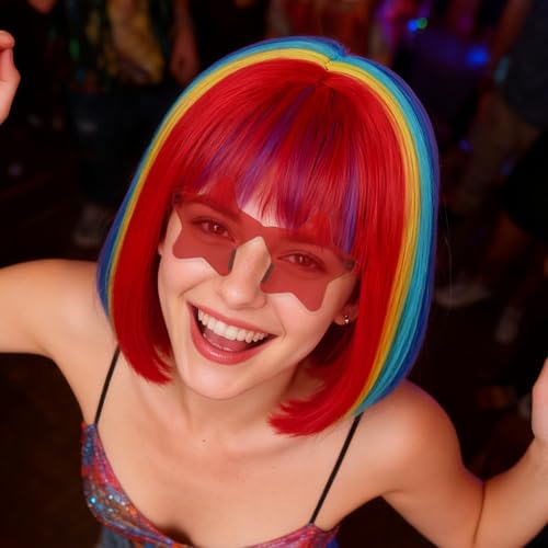 Image of ANOGOL Hair Cap + (Sunglasses) Rainbow Bob Wig with Bangs Womens Party Wigs with Star-Shaped Glasses Short Neon Wig Daily Party Fun Wigs Women Halloween Costume Bachelorette Hair