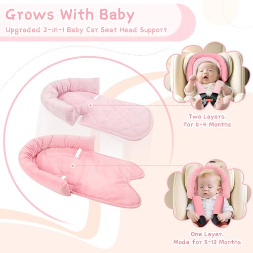 Image of Pea Pod Baby Car Seat Head Body Support & Strap Covers, 2 in 1 Infant Car Seat Insert, Reversible Soft Breathable Newborn Cushion Pads for Preemie, Perfect for Baby Carseats, Strollers, Swings (Pink)