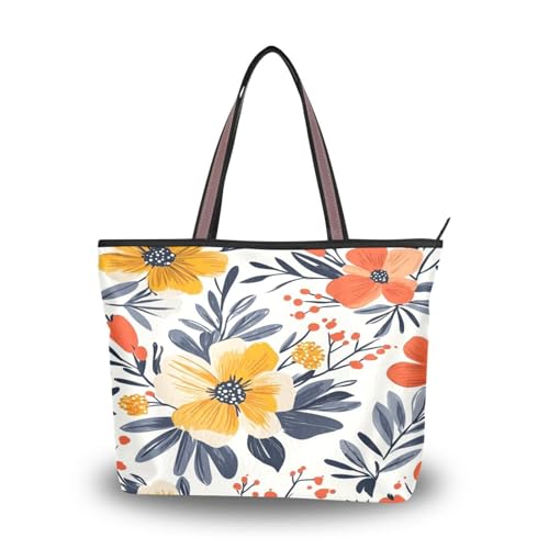Ewusp Bolso de mano de lona con cremallera y flores de acuarela para mujer, bolso de hombro casual para viajes, compras, trabajo, a, 17.72' L x 13.0' H x 5.2' W