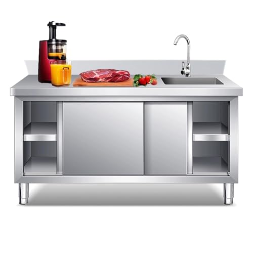 Outdoor Stainless Steel Kitchen Sink With Cabinet, Freestanding Laundry Utility Sink With Workbench & Storage With Faucet,Commercial Fish Cleaning Station Table for Garage Room Hotel(R.,120*60*80CM/47
