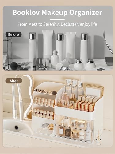 Image of Booklov Makeup Organizer for Vanity, Countertop Cosmetic Display Case with Clear Acrylic Drawers, Bathroom Counter Beauty Caddy, Cute Table Storage Holder for Skincare, Brush Lipsticks, Crystal White